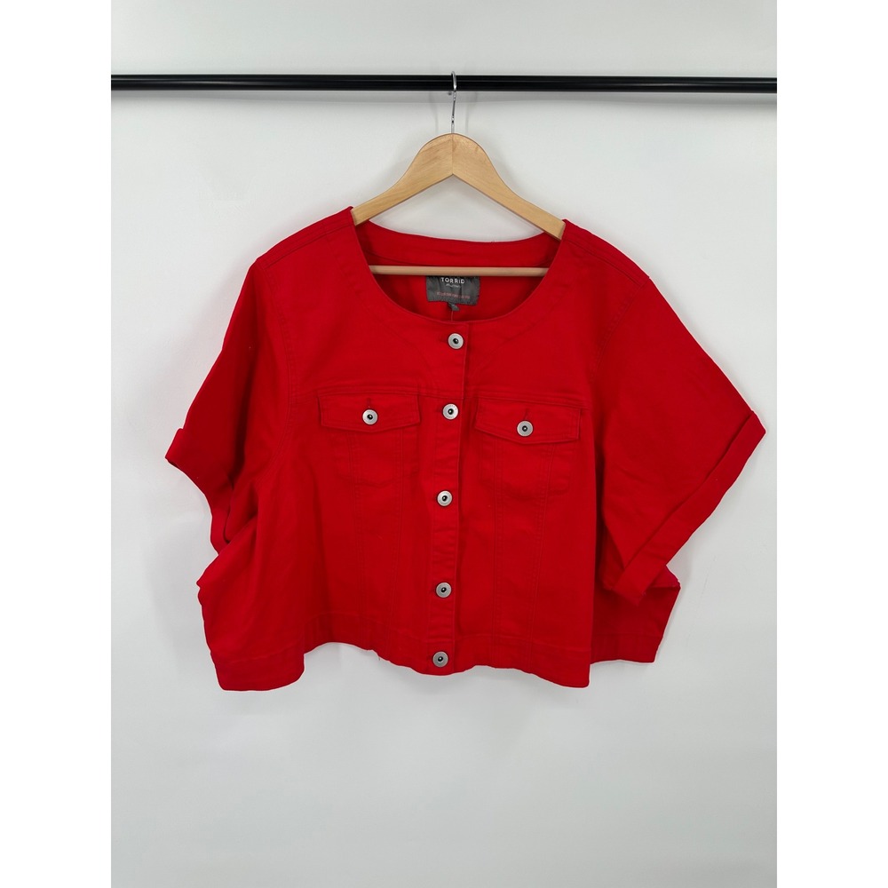 Torrid Red Cropped Denim Jacket Womens Size 6X Lagenlook Minimalist Bright